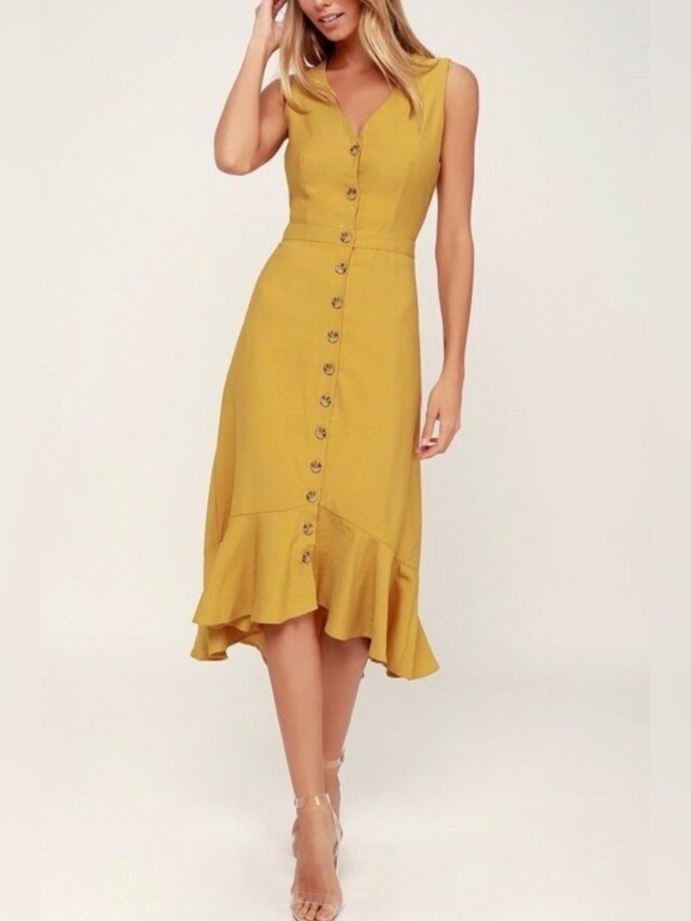 Lulu's Mustard Button-Up Midi Dress